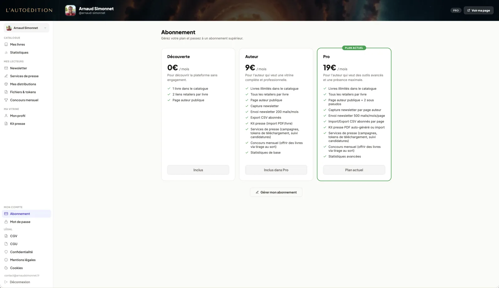 Page Abonnement dans le dashboard lautoedition.fr : récapitulatif du plan actif, prochaine échéance, bouton Gérer mon abonnement via Customer Portal Stripe