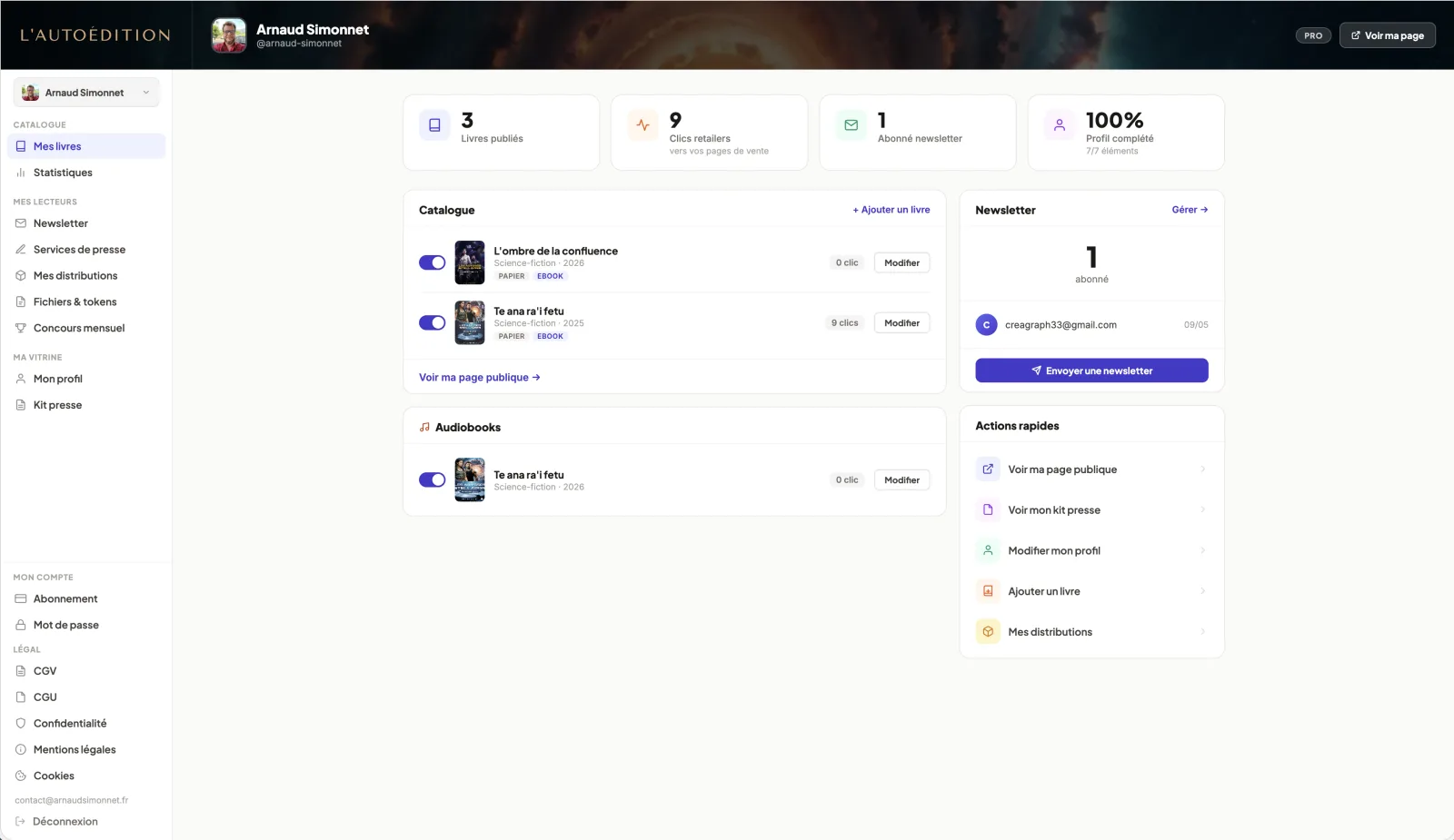 Liste Mes livres dans le dashboard avec badges Publié et Brouillon par livre