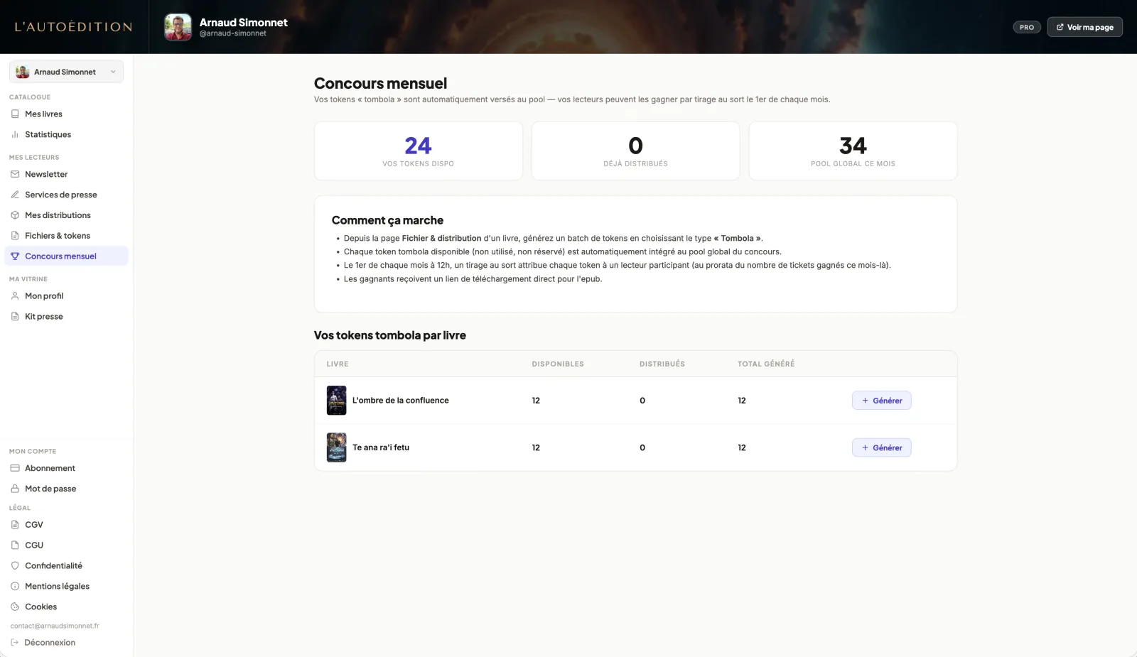 Page concours mensuel lautoedition.fr — pool d'ebooks à gagner, podium des derniers gagnants, compteur de tickets du lecteur