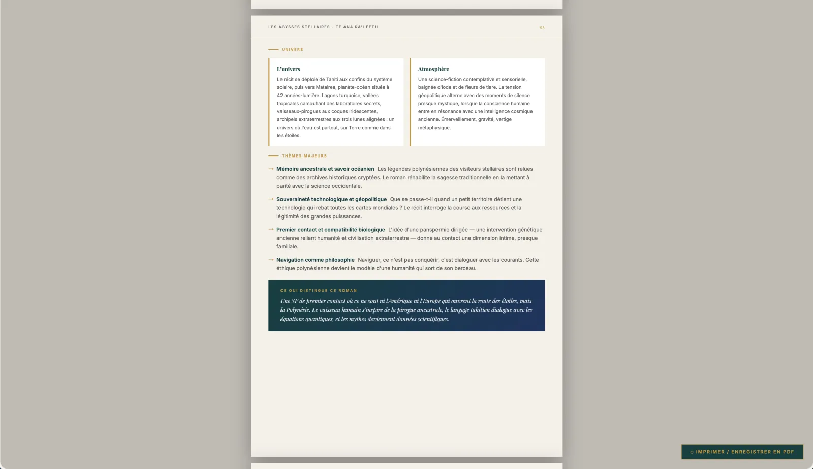 Page intérieure d'un kit presse IA avec biographie auteur et fiche technique
