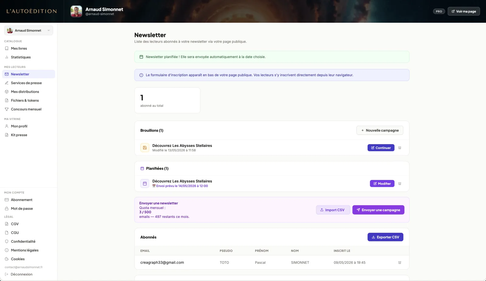 Dashboard newsletter : abonnés, brouillons, campagnes planifiées, quota mensuel