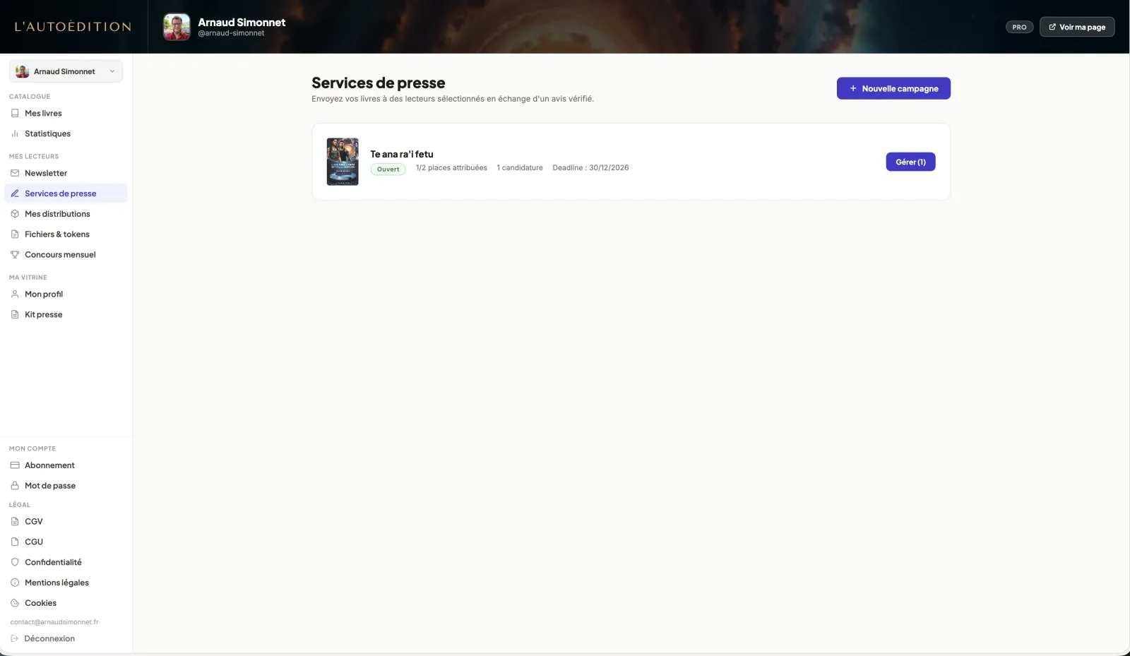 Dashboard service de presse — liste des candidatures, statut et deadline