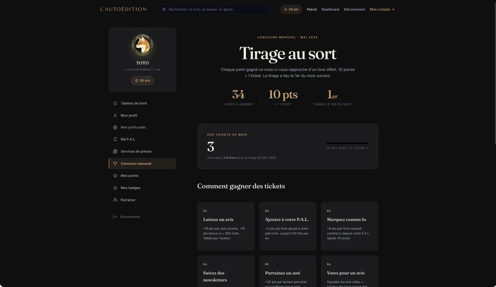 Page concours mensuel lecteur lautoedition.fr — nombre de tickets, podium des derniers gagnants