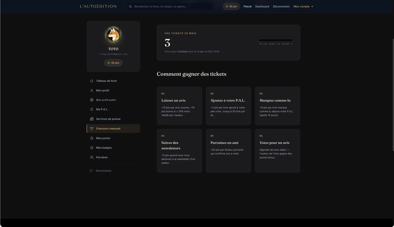 Détail de la tombola mensuelle lautoedition.fr — ticket count, ebooks dans le pool