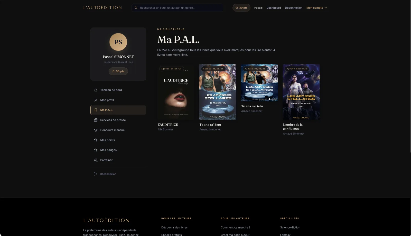 Page Ma PAL Editorial Nocturne avec liste de livres sauvegardés et filtres par genre