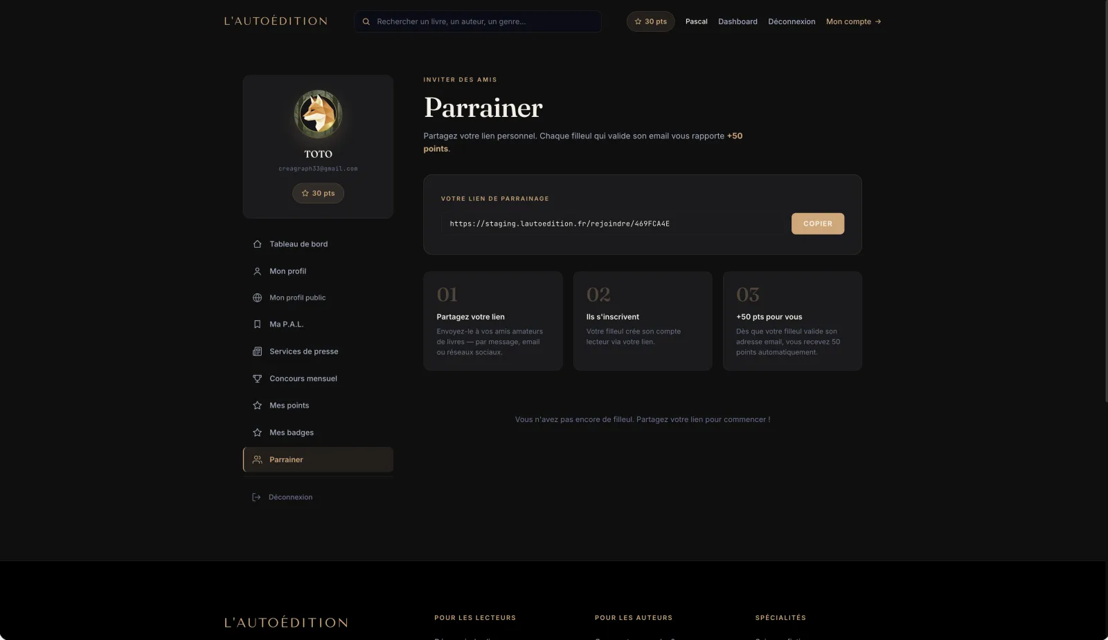 Page parrainage lecteur lautoedition.fr — code personnel, lien partageable et liste des filleuls