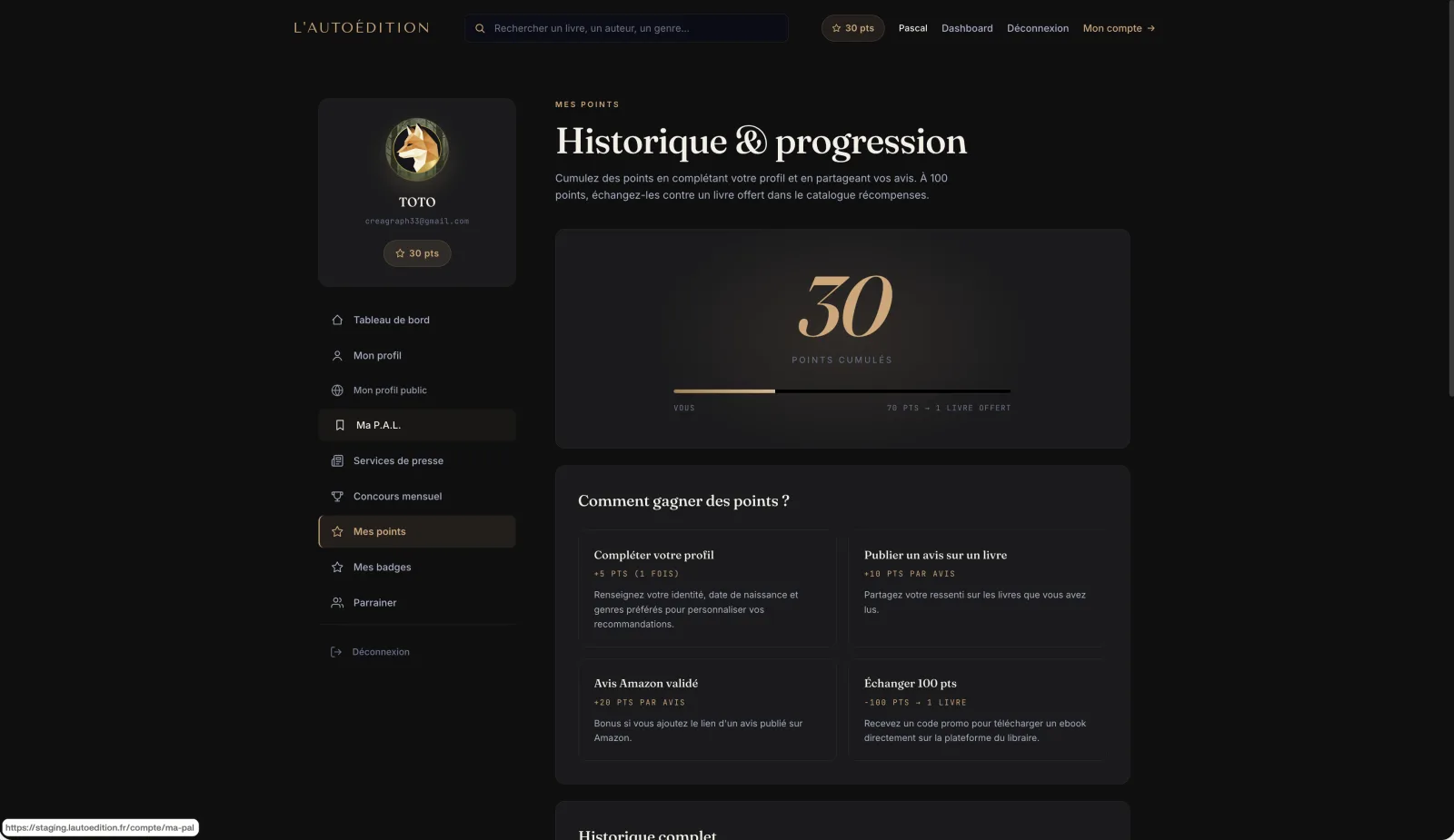 Espace lecteur lautoedition.fr — historique des points avec mention « Avis vérifié posté +10 pts »