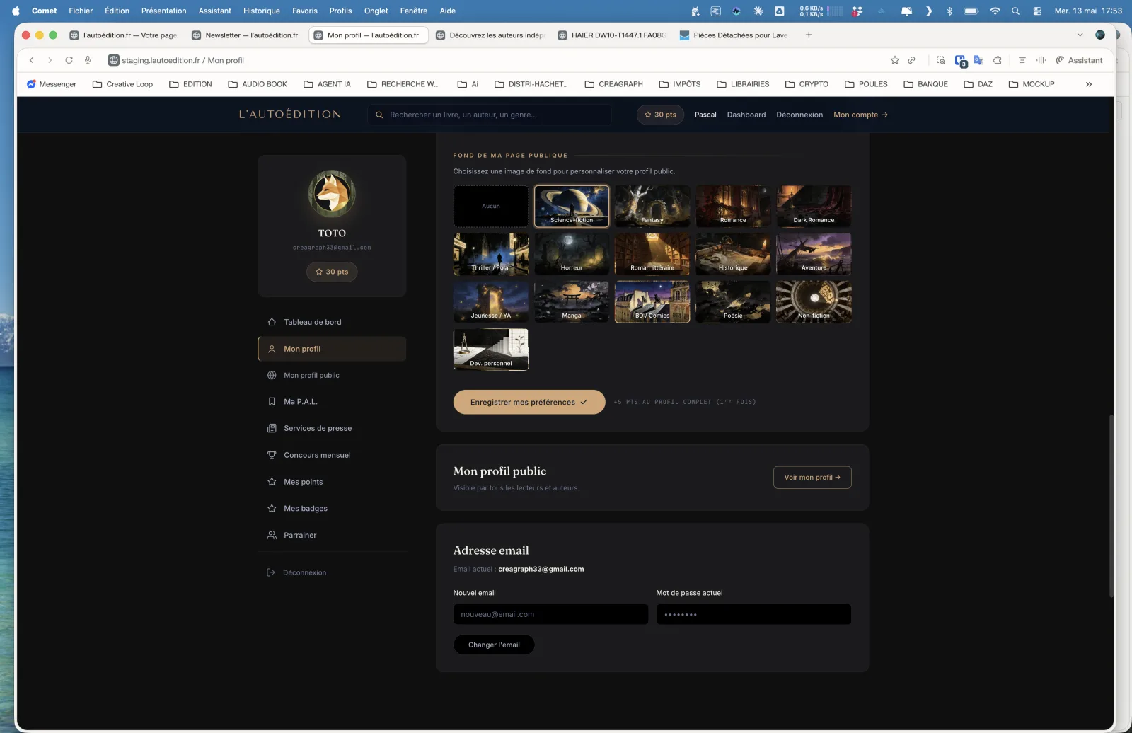 Formulaire de préférences de genre lecteur Editorial Nocturne avec checkboxes par genre et drill-down sous-genres