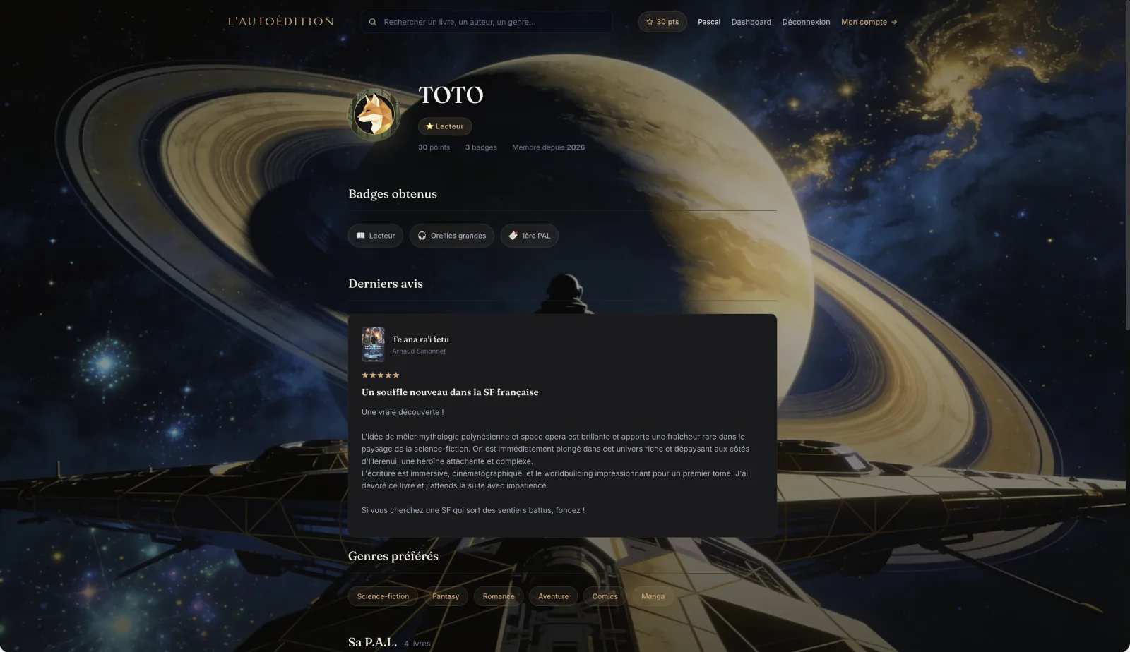Profil public lecteur lautoedition.fr en Editorial Nocturne — image de fond, avatar, badges, avis