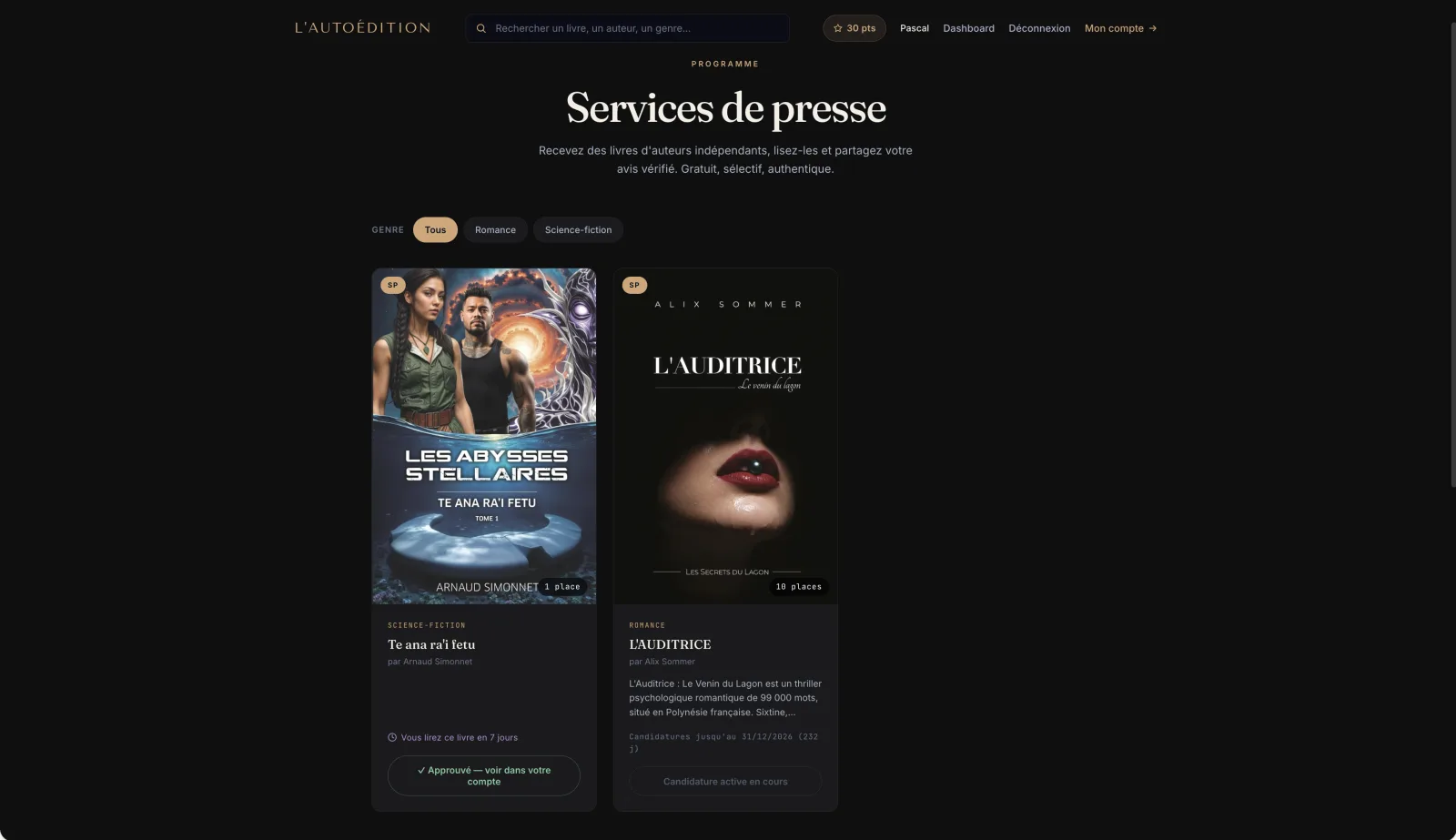 Page Services Presse côté lecteur lautoedition.fr — liste des campagnes ouvertes avec délai de lecture et nombre de places