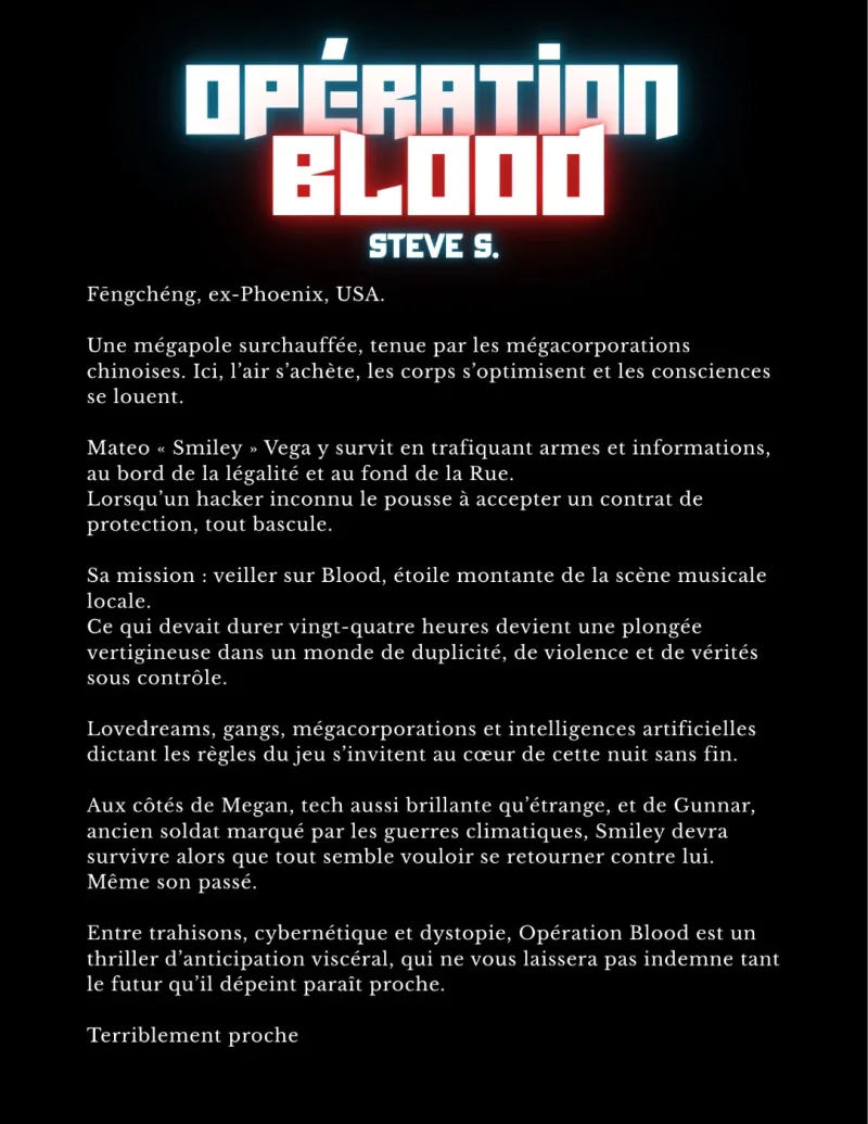 Quatrième de couverture de &laquo;&nbsp;Opération Blood&nbsp;&raquo;