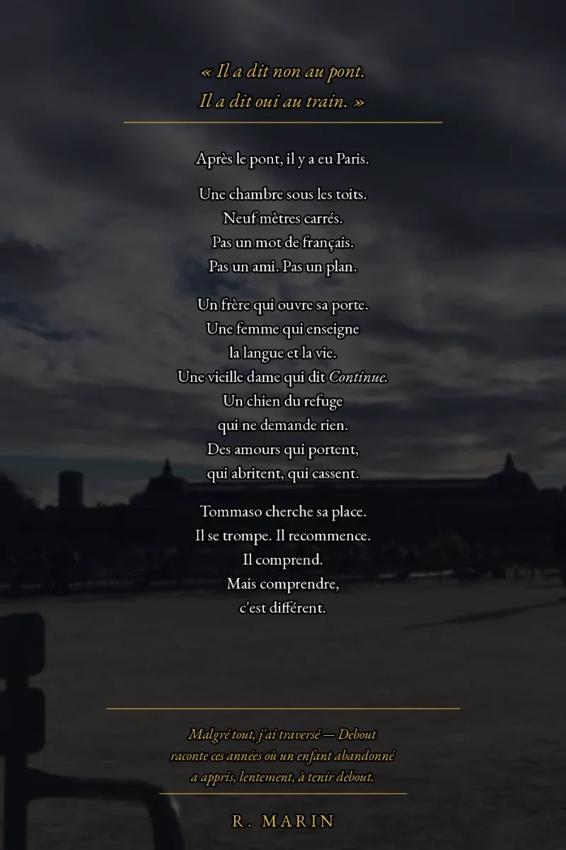 Quatrième de couverture de &laquo;&nbsp;Malgré tout, j’ai traversé  Debout&nbsp;&raquo;
